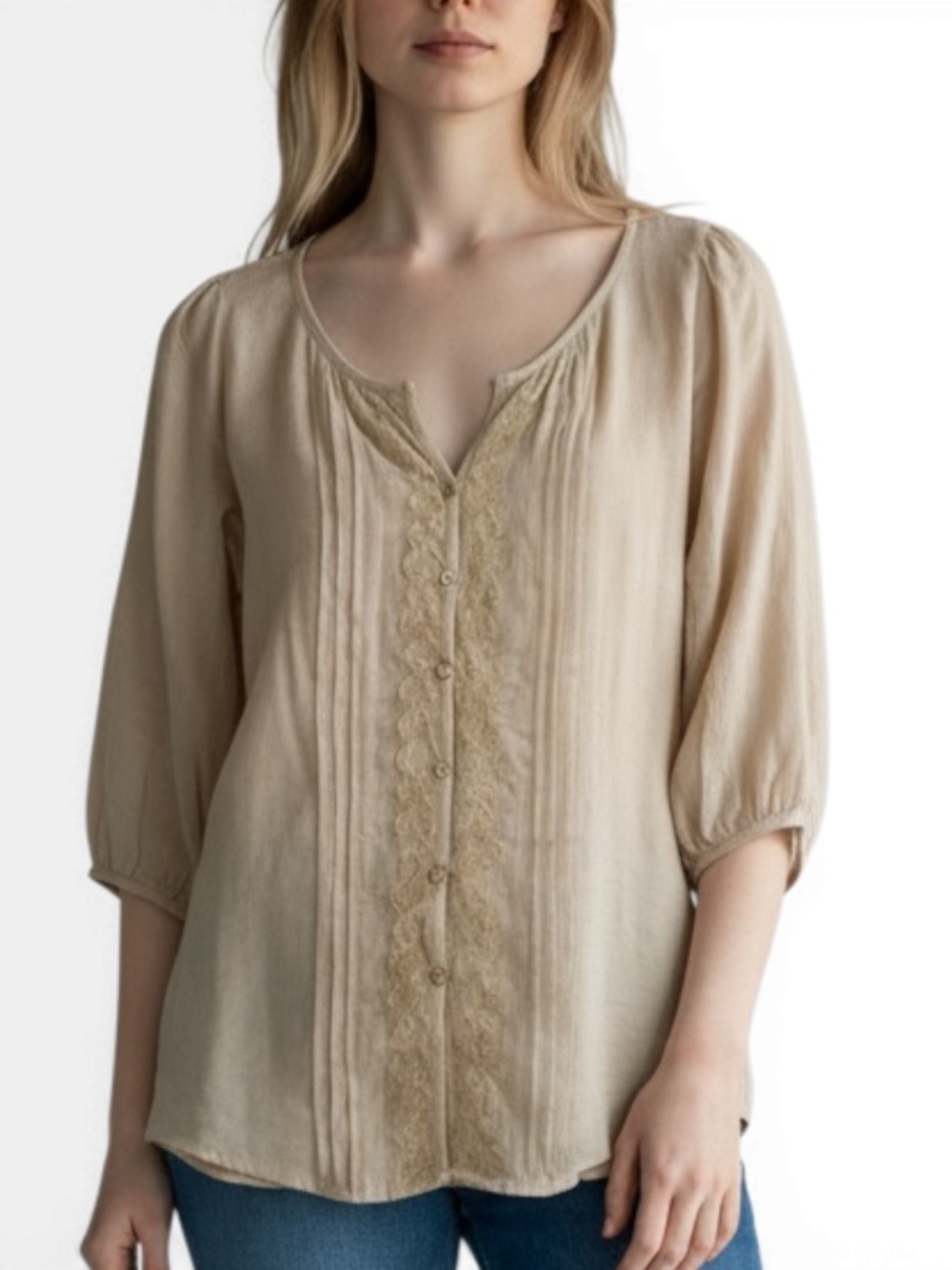 Full Tilt Lace Trim Blouse Button Front Cream Boho Peasant 3/4 Sleeve